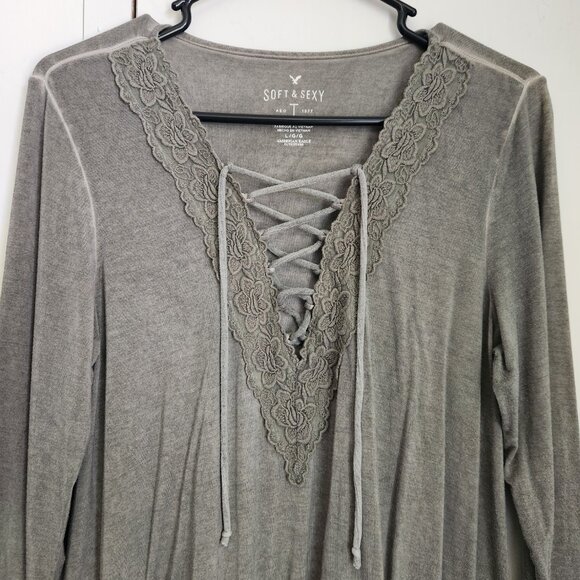AEO American Eagle Outfitters Soft and Sexy Green/Gray Long Sleeve Shirt Large - Picture 3 of 5